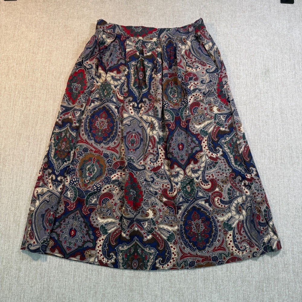 Vintage Worthington Paisley Midi Skirt Womens 12 Rayon Pleated A-Line Pockets US